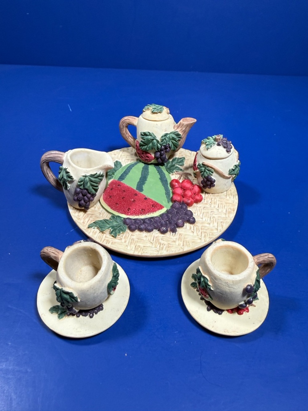 Miniature Fruit‑Themed Ceramic Tea Set – 8 Pieces - Tray, Teapot, Teacup & More